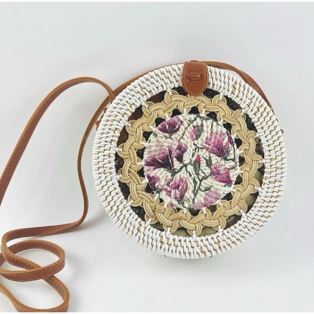 Bali Rattan Crossbody Bag Purse 8" Round Woven Shoulder Leather Strap Pink Flowe